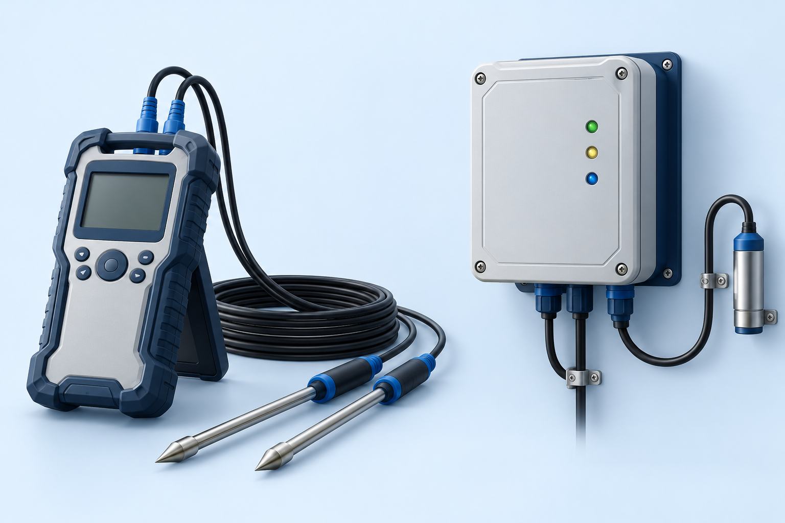 Concept illustration of a portable leak testing meter with electrode probes and a fixed monitoring enclosure